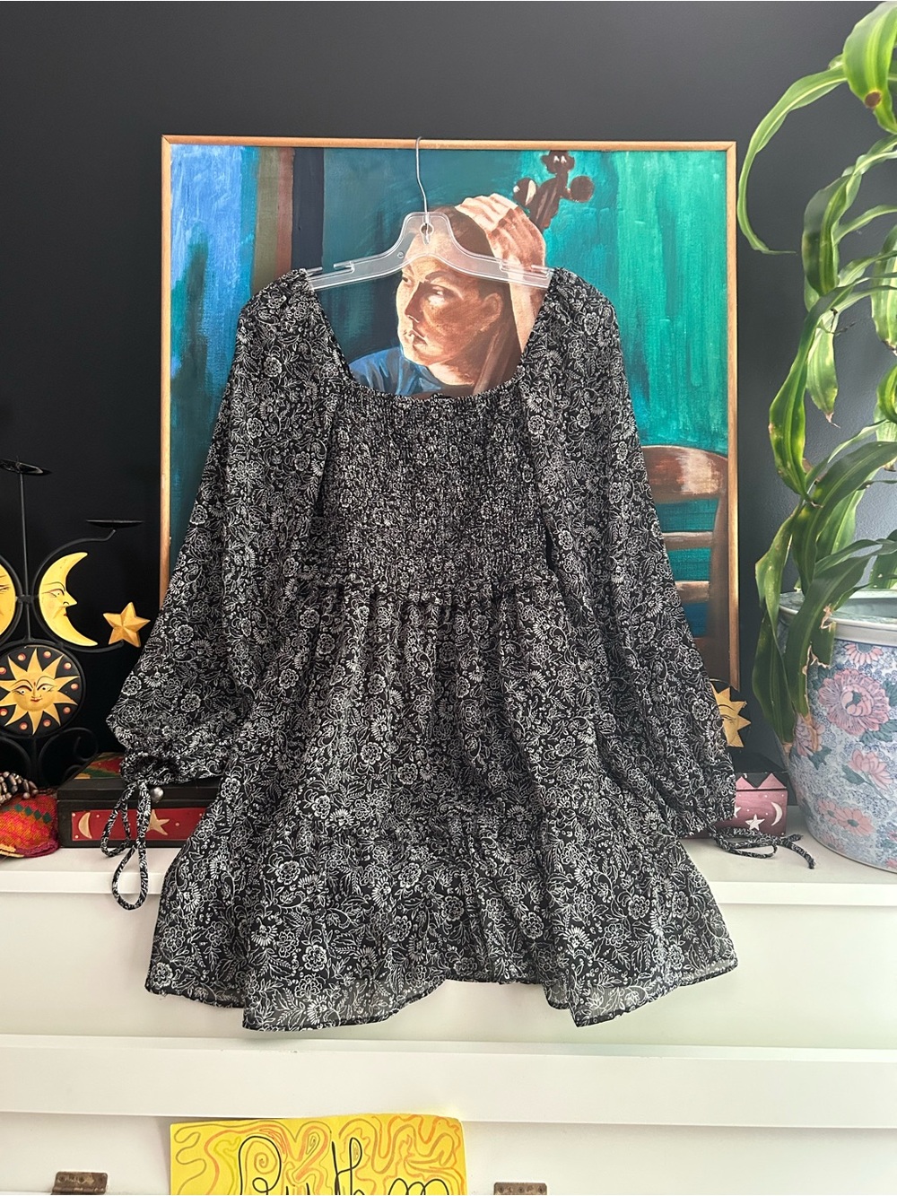Dynamite XS Black Floral Smocked Puff Sleeve Mini Dress Cottagecore